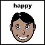 A man smiling, looking very happy, with the word 'happy' above his head.